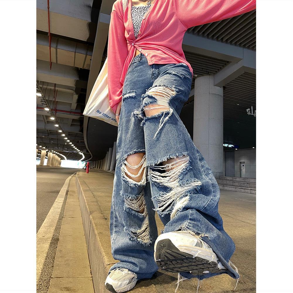 ripped-denim-กางเกงขาตรงผู้หญิงฤดูร้อนปี-2021-กางเกงขากว้างเอวสูงทรงหลวมขนาดใหญ่