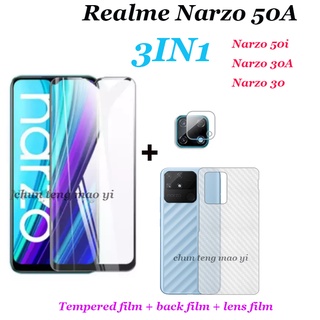 (3in1) เหมาะสำหรับ realme Narzo 50A/50i ฟิล์มกระจกนิรภัยแบบเต็มหน้าจอ realme Narzo 30A/Narzo 30 Narzo 20 HD กระจกนิรภัยแบบเต็มหน้าจอ + ฟิล์มเลนส์ + ฟิล์มหลังไฟเบอร์