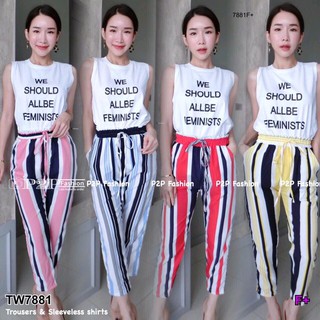 Set 2 ชิ้น เสื้อกล้ามสกรีนตัวหนังสือ+กางเกงขายาวลายริ้ว TW7881