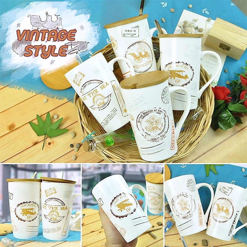 แก้ว-vintage-stlye-ฝาปิดไม้-เซรามิกทนความร้อน-กาแฟ-มีช้อนและฝาปิด