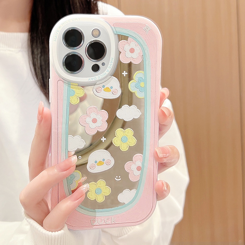 เคสโทรศัพท์มือถือ-แบบนิ่ม-ลายภาพวาดสีน้ํามัน-รูปเป็ด-และดอกไม้-มีกระจกแต่งหน้า-สําหรับ-iphone-11-12-13-pro-max-mini-xr-xs-7-8-plus
