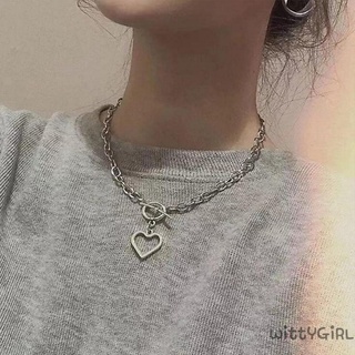 W[]-Female Necklace, Solid Color Collarbone Chain with Hollow Out Heart Pendant for Women, Silver