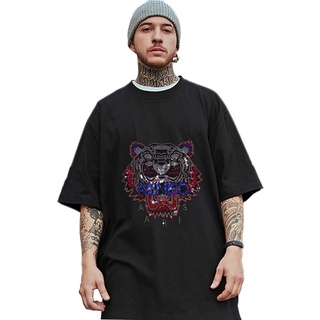 เสื้อยืดคอกลมแขนสั้นพิมพ์ลายเสือ ตกแต่ง Rhinestone สไตล์ฮ่องกงสำหรับผู้ชายและผู้หญิง หรูหรา ระดับไฮเอนด์ แฟชั่นฤดูร้อน