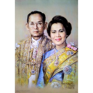 โปสเตอร์ รูปวาด ในหลวง ราชินี รัชกาลที่ 9 King Bhumibol Queen Sirikit Thailand POSTER 24”x35” Painting Siam V1