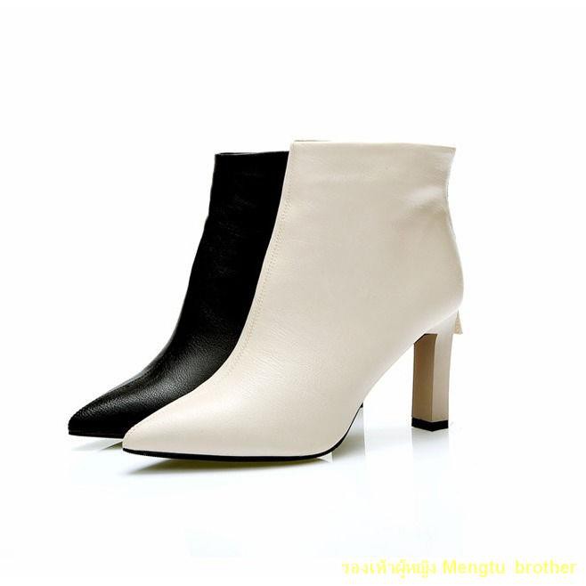 จัดส่งรวดเร็ว-รองเท้าส้นสูงรองเท้าสั้นผู้หญิง-2021-ใหม่สบายส้นหนารองเท้าผู้หญิงด้านหลังซิปสีขาวข้อเท้ารองเท้าสไตล์