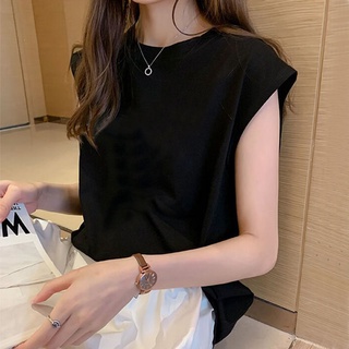เสื้อยืดคอกลม แขนกุด ผ้าฝ้าย 100% สีพื้น เรียบง่าย เข้ากับทุกการแต่งกาย สําหรับผู้หญิง 2022 2022