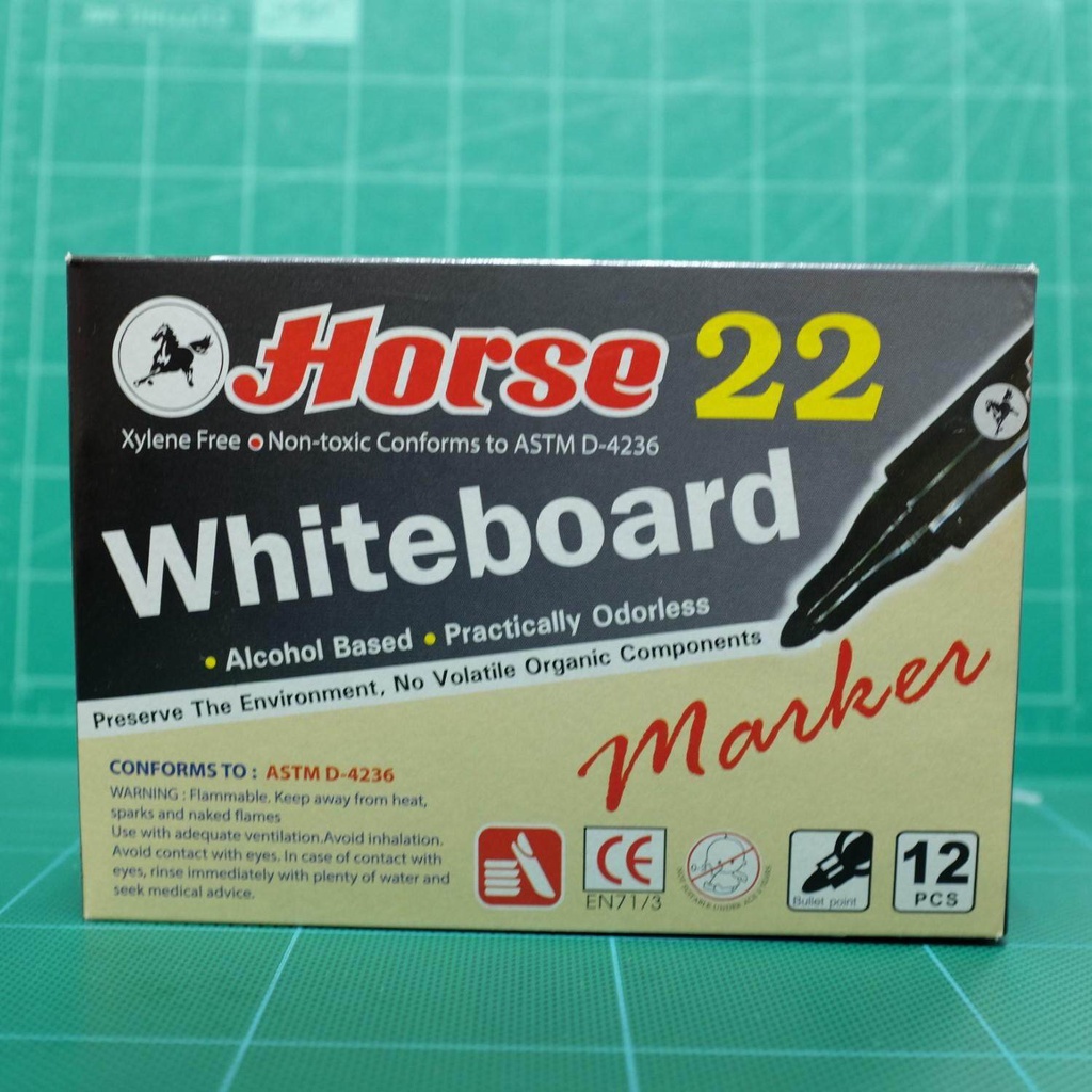 ปากกาไวท์บอร์ดตราม้า-horse-whiteboard-marker-h-22-หมึกสีดำ-1กล่อง-12ด้าม-ขนาดหัวปากกา-2-มม-non-permanent