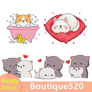 Bou【Stock】ชุดงานปักครอสติชผ้าใบลายการ์ตูนสุนัขแมว 11Ct ขนาด 25X20 ซม