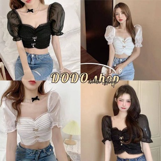 DODO*พร้อมส่ง*เสื้อครอปแขนตุ๊กตา แต่งเข็มกลัดโบด้านหน้า มีซิปด้านหลังรูดได้ สไตล์คุณหนู ทรงสวย ใส่สวย ดูดี (1153)