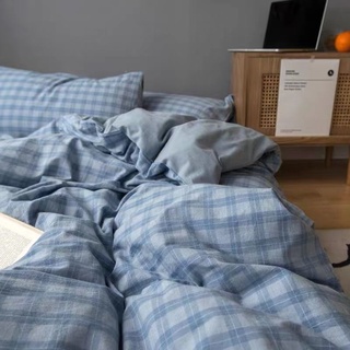 สินค้า 💟ชุดผ้าปูที่นอนลายสก็อตสไตล์ญี่ปุ่น ผ้าปูที่นอน +ปลอกผ้านวม+ปลอกหมอน เตียงเดี่ยวสำหรับหอพักนักเรียน 3.5ฟุต/5 ฟุต/6 ฟุต