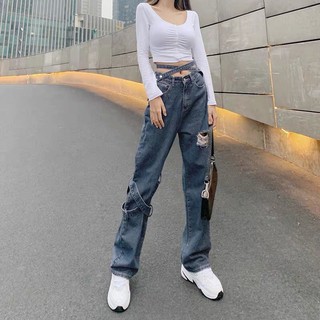 🌈S-XL เกาหลีฤดูใบไม้ผลิเอวสูงกางเกงยีนส์ตรงกางเกงผู้หญิงฤดูใบไม้ผลิด้อยหลุมขากว้าง Ins ผ้าพันคอออกแบบกางเกง