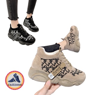 (ch1017k)กี รองเท้าผ้าใบแฟชั่นผู้หญิง Size35-39 เสริมส้นเท้า แบบผูกเชือก พื้นหมี สี ดำ น้ำตาล , Fashion schakers