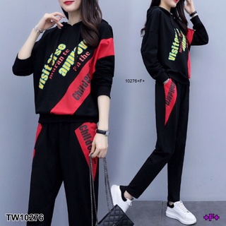 TW10276 Set 2 ชิ้น เสื้อฮู๊ดวอร์มแขนยาว มาคู่กับกางเกงวอร์มขายาว มีกระเป๋าสองข้าง เสื้อและกางเกงสกรีนลายตัวหนังสือสุดเก๋