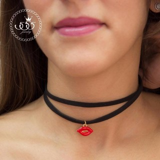 555jewelry สร้อยคอChokerหนังชามัวร์ โช๊คเกอร์แฟชั่น พร้อมจี้รูปปากสีแดงสดสวยเปรี้ยว รุ่น MNC-BC053 (BC16)