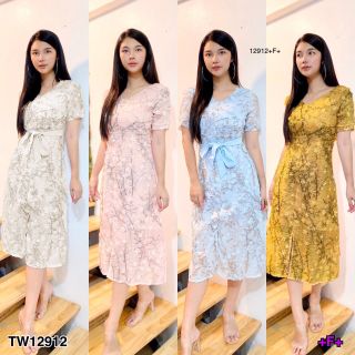 เดรสยาว คอวี ลายดอก เสื้อผ้าแฟชั่น ชุดออกงาน ชุดเที่ยว 12912