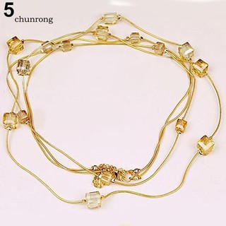 CHU_Women Square Rhinestones Beads 2 Layers Golden Alloy Chain Long Necklace