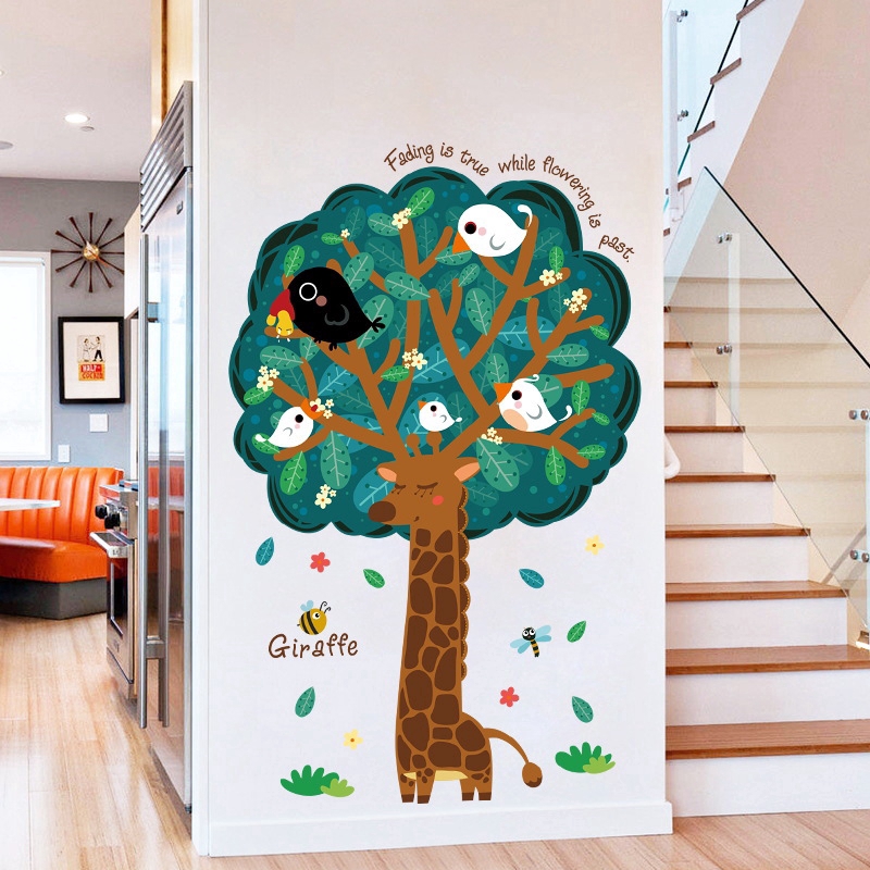 zooyoo-สติ๊กเกอร์ติดผนัง-big-tree-giraffe-cartoon-wall-stickers-room-decoration-wall-sticker