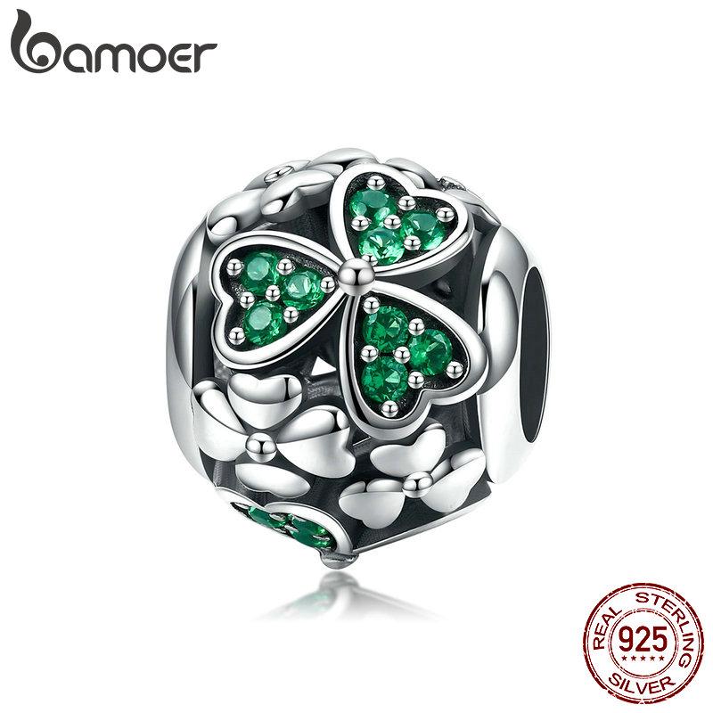 BAMOER Clover Beads Charm fit Bracelet Necklace Making Authentic 925 Sterling Silver Green Crystal SCC964