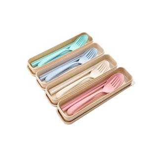 โปรโมชั่น : ชุดช้อนส้อมตะเกียบ ฝาทึบ พลาสติกและฟางข้าวสาลี สีพาสเทล มี 4 สีให้เลือกใช้