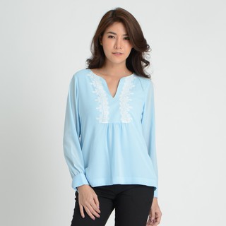 GSP BLOUSE เสื้อจีเอสพี เสื้อไม่มีปก แขนยาว สีฟ้า แต่งเทปลูกไม้ช่วอก (SL1MSB)