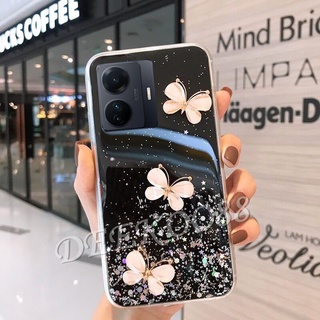 เคสโทรศัพท์มือถือแบบนิ่ม วีโว่ VIVO Y77 Y75 Y55 Y30 Y02s 4G Y01 Y01A X80 Pro 5G Smartphone Casing Crystal Butterfly Decorated Phone Cell Case Glitter Gel Shiny Sequins Clear Softcase Back Cover VIVOY77 VIVOY02s