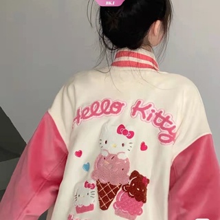 เสื้อแจ็กเก็ตเบสบอล ปักลาย Hello Kitty Y2k สีชมพู หรูหรา แฟชั่นสําหรับผู้หญิง วัยรุ่น