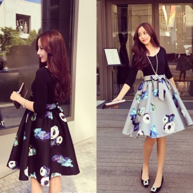 พร้อมส่ง-เดรสผ้ายืดเนื้อดี-แขนยาวสามส่วน-ต่อกระโปรงบานพิมพ์ลายสวยเก๋
