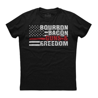 เสื้อยืดผ้าฝ้ายพิมพ์ลายคลาสสิก เสื้อยืดแขนสั้น พิมพ์ลาย Bourbon Bacon Guns Freedom สีดํา สไตล์คลาสสิก สําหรับผู้ชาย 4139