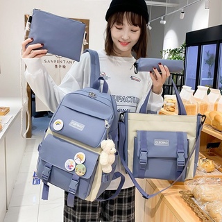 กระเป๋าเป้สะพายหลัง กระเป๋านักเรียน ผ้าแคนวาส ใส่แล็ปท็อปได้ สไตล์ฮาราจูกุ สําหรับเด็กผู้หญิง จํานวน 4 ชิ้น