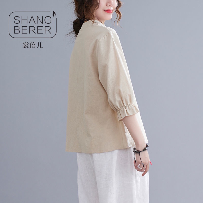 shang-beier-ฤดูร้อน-เสื้อเชิ้ตผ้าฝ้ายและผ้าลินินสไตล์ใหม่หญิงวรรณกรรมย้อนยุคหลวมเสื้อเชิ้ตปิดสาม-เสื้อสตรีแขนสี่ส่วน