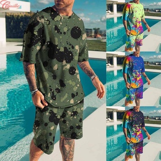 CAMILLES - -Fashion Men Party Sports Fitness Short Sleeve Loose Casual Beach Suit Shorts Set Colorful-【Mens-fashion】