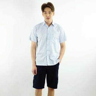 BOWLING เสื้อเชิ้ต แขนสั้น สีฟ้าลายในตัว ผ้าคอตตอน 100% รุ่น 14386 C01 สวมใส่สบาย