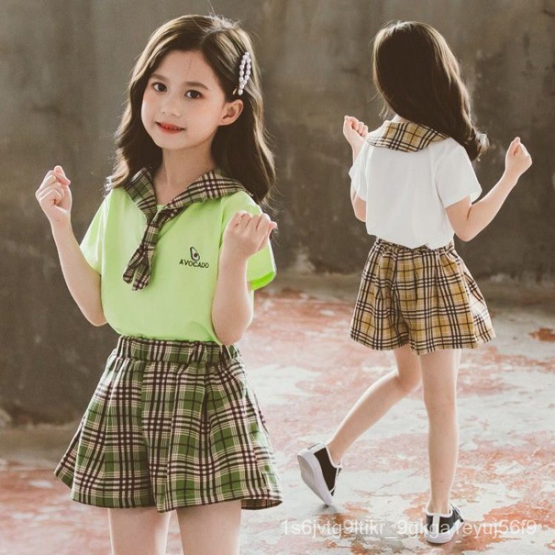เสื้อผ้าเด็กผู้หญิง-ชุดกีฬาแฟชั่นเกาหลีใหม่-ชุดฤดูร้อน-เสื้อโบว์-กางเกงขาสั้นลายสก็อต