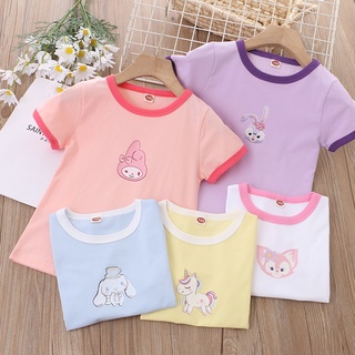 เสื้อยืดแขนสั้น คอกลม พิมพ์ลายการ์ตูน สีคอนทราสต์ สไตล์เกาหลี สําหรับเด็กผู้หญิง 2022