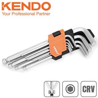 KENDO 20736 ประแจหกเหลี่ยมหัวบอลล์ ตัวแอล ขาวกึ่งยาว 9 ตัวชุด ขนาด 1.5-2-2.5-3-4-5-6-8-10 mm.