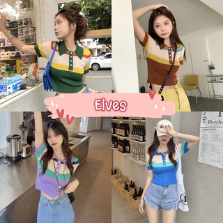 Elves✨พร้อมส่ง✨   เสื้อไหมพรมแขนสั้น คอปก สีสันสดใสมากกระดุมแกะได้ ~47151~ -C