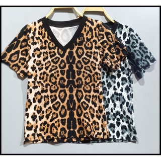 เสื้อแฟชั่นลายเสือ คอวี แขนสั้น