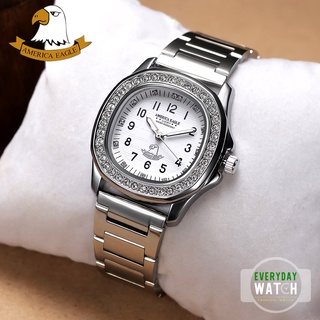 America Eagle นาฬิกาข้อมือผู้หญิง (ประกันตัวเครื่อง 3 เดือน) สายสแตนเลส-หน้าปัดขาวล้อมเพรช M10SW