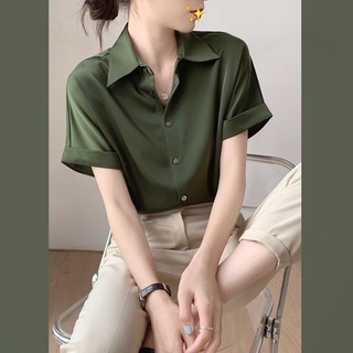 [แนะนําแฟชั่น] เสื้อเชิ้ตแขนสั้น ผ้าซาติน สีเขียว สไตล์ฮ่องกง เรโทร สําหรับผู้หญิง 2022