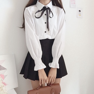 พร้อมส่ง🔥 เสื้อเชิ้ตแขนยาวสีขาวสไตล์ญี่ปุ่นนักเรียนหลวมสไตล์วิทยาลัยลูกไม้โปโลคอโบว์เสื้อ