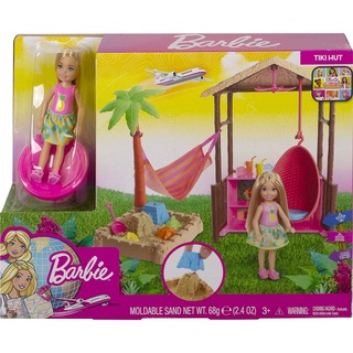 Barbie Chelsea Doll Tiki Hut Travel-Themed Playset Sand Toy Doll Accessories FWV24 ชุดของเล่นตุ๊กตาบาร์บี้ ธีมเดินทาง Tiki FWV24