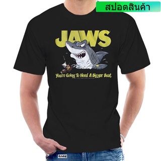 เสื้อยืดผ้าฝ้ายพิมพ์ลายขายดี เสื้อยืดลําลอง แขนสั้น พิมพ์ลายการ์ตูน Jaws ตลก สําหรับผู้ชาย