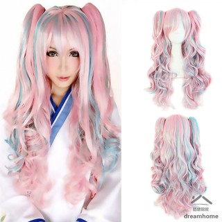 Dreamhome❤❤ Lolita Wig Pink Blue Mixed Ombre Long Curly Clip-In Ponytails Full Bangs Cosplay Wig Party Wigs