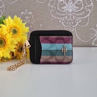 Coach Zip ID Coin Card Case With Chain Stripe Print C6020  กระเป๋าใส่เหรียญ ใส่บัตร มีสายโซ่