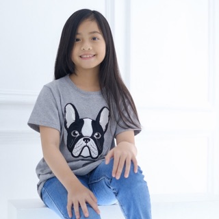 เสื้อเด็ก Kid Tshirt งานปัก ลาย หมา French bulldog ผ้านิ่ม COTTON 100% เสื้อยืดเด็ก เสื้อยืด