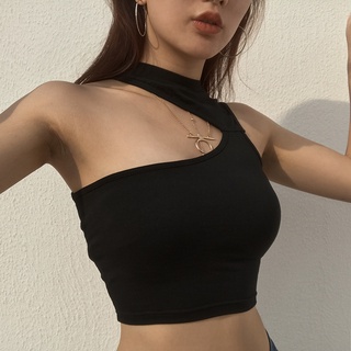 เสื้อครอปท็อปลําลอง แขนกุด แบบเข้ารูป สีดํา แฟชั่นฤดูร้อน สําหรับผู้หญิง ไซซ์ S M L