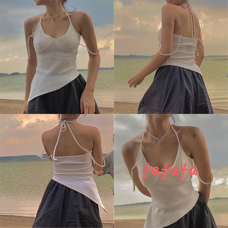 fafa-women-s-vest-solid-color-sleeveless-halter-neck-tie-up-design-irregular-hem-breathable-tops