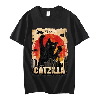 เสื้อคนอ้วน - ญี่ปุ่นอะนิเมะวินเทจCatzillaมอนสเตอร์ลูกแมวแมวกราฟิกTshirtsบุรุษเสื้อยืดผ้าฝ้ายเสื้อย