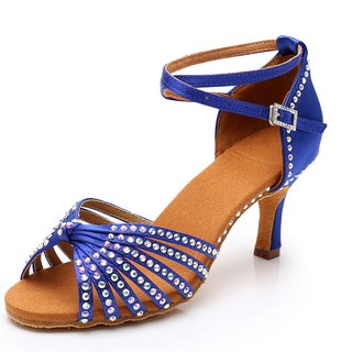 [Spot] Blue Diamond Adult Latin Dance Shoes Middle Heel Dancing Shoes 5cm 7cm Soft Bottom Half Palm Indoor