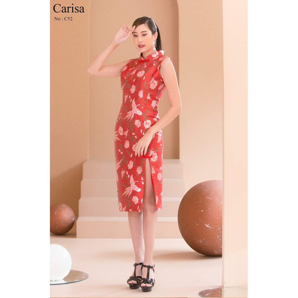 carisa-กี่เพ้า-ชุดเดรสยาวแขนกุด-ลายดอกไม้และนก-สวยเด่น-เป็นลายทอในตัวผ้า-มีลวดลายทั้งด้านหน้าและหลัง-c52